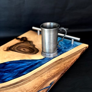 Wooden serving resin Tray kitchen Cheese Paddle epoxy oak Board Ocean surf handles blue blau Fütterungsbrett sea currency gift image 5