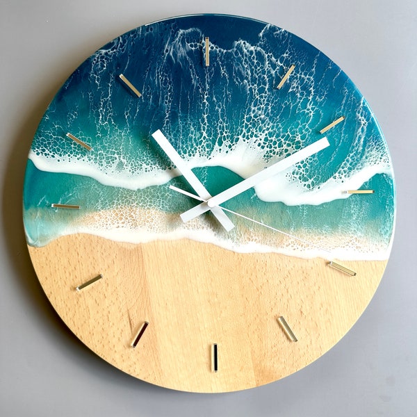 Wall clock surfing style resin epoxy blue wave and beech wood watch | Unique hand made gift for her | Mother's Day | Colorful accessories