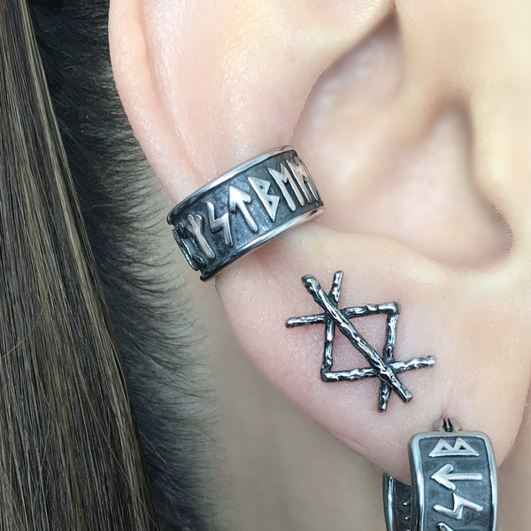 Rune Ear Cuff, Stainless Steel Viking Jewelry (Single)
