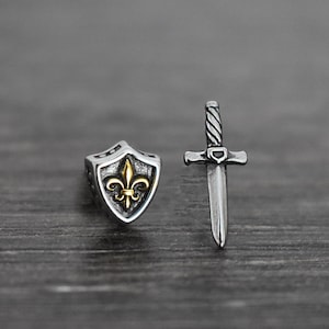 Shield and sword earrings, sword earrings, shield studs, gothic jewelry, men&#39;s earrings, mismatched earrings, sword studs, sword and shield