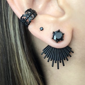 Front and back earrings, gothic jewelry, ear jacket, sunburst earrings, double earrings, cz earrings, sunburst ear jacket, black earrings