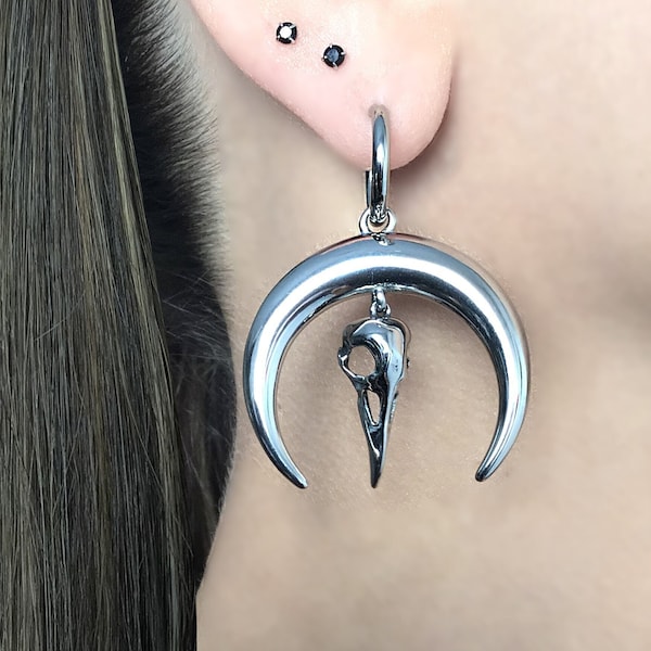 Moon and Raven skull earrings ,Raven skull earrings, Moon earrings, black hoop earrings, black earrings, Raven earrings moon hoops