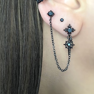 Double piercing earring,Starburst earring,  black stud earring, stainless steel earring, double stud, black  stud, gothic earring