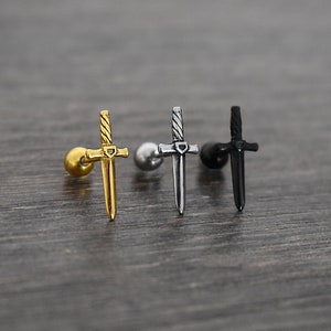 Sword cartilage earring with screw ball back, SINGLE Dagger earring, cartilage studs, helix stud, ball back screw earring, dagger earring