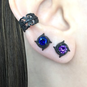 Gothic stud earrings, gothic jewelry, black stone earrings, victorian studs, gothic jewelry, purple Cz studs. Sapphire CZ earrings