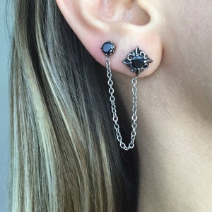 Double piercing earring, gothic earring , double piercing, black stone stud, gothic star earring, star earring, 4mm stud