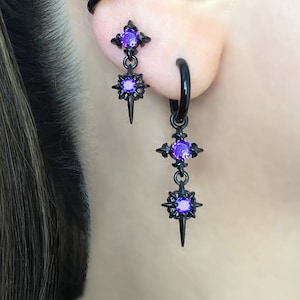 North Star hoop earring Starburst earrings, star hoop earrings, gothic jewelry, purple earrings, stars earrings,  North Star earrings