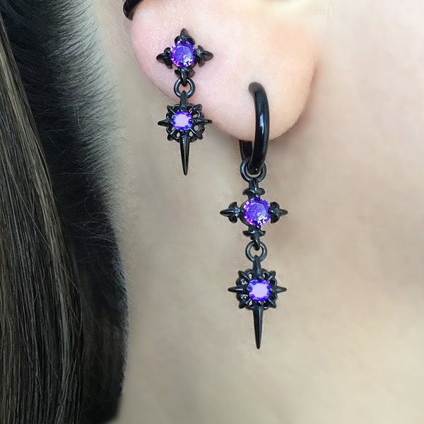Pendientes de aro Estrella del Norte, pendientes Starburst, pendientes de aro de estrella, joyería gótica, pendientes morados, pendientes de estrellas, pendientes Estrella del Norte