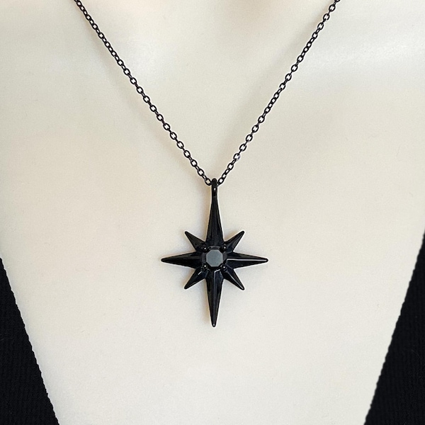 North Star Pendant Necklace, Black Stainless Steel necklace ,Star necklace, Gothic jewelry unisex necklace, layering necklace, Starburst