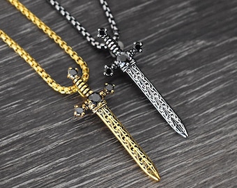 Sword Pendant Necklace with Black CZ and ornate blade, Unisex jewelry ,Stainless Steel jewelry