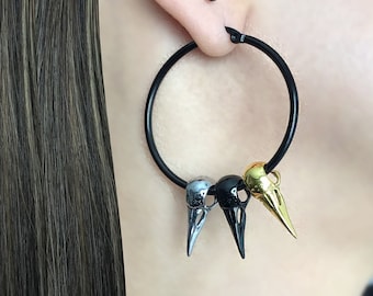 Three Raven Skulls Hoop Earrings, Gothic Stainless Steel Jewelry