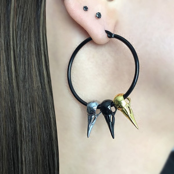 Raven skull earrings ,Raven skull hoops, black hoop earrings, black earrings, Raven earrings , large hoops, hoops, gothic earrings, goth