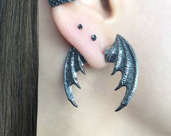 Dragon Wing Ear Jacket, Gothic Stainless Steel Unisex Earrings, Front back earrings