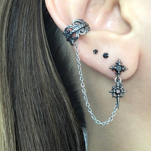 North Star with ear cuff, gothic ear cuff, earring with cuff, single earring, gothic earring, ear cuff, cuff earring, star earring