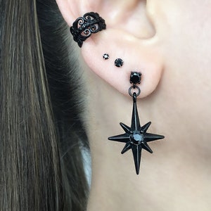 North Star earring, Starburst earrings, star earrings, gothic jewelry, mens earrings, North Star jewelry, star studs, black earrings