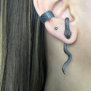 May include: A silver snake ear cuff with a black stone earring. The snake ear cuff is a long, thin piece of metal that wraps around the ear. The black stone earring is a small, round stone that is set in a silver setting.