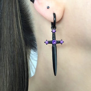 Sword hoop earrings, sword hoops, sword earrings, dagger earring, gothic earring, black earrings, unisex earrings, sword jewelry