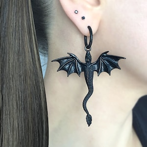 Dragon hoop earrings, dragon hoops, dragon earrings, hoops, gothic jewelry, mens hoops, dragon jewelry, black dragon , black earrings