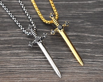 Sword Necklace with Black CZ, Unisex Pendant, Stainless Steel jewelry