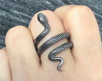Detailed Stainless Steel Snake Ring, Gothic Serpent Jewelry, Black Cubic Zirconia