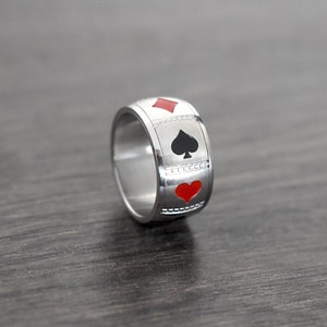 Anello di semi di carte da gioco, anello in acciaio inossidabile, gioielli di carte da gioco, anello da uomo, anello di fiori e picche, anello di diamanti e cuori