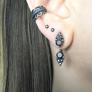 Front and back earrings, gothic jewelry, ear jacket,  double earrings, cz earrings, black earrings, black gothic earrings,