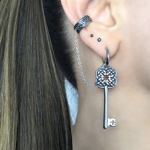 Key earring with Ear cuff , Celtic key earring, Key hoop earring, hoop with cuff, earring with cuff, Celtic earring, Celtic ear cuff
