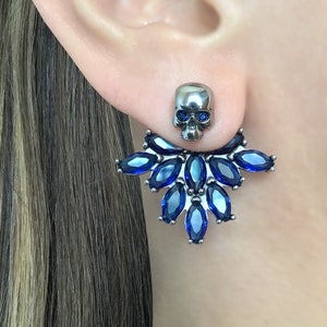 Skull earrings with Black crystals, skull ear jacket, Sapphire earrings, gothic earrings, skull earrings,Statement earrings, Onyx earrings