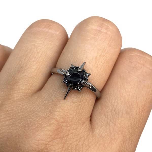 Nordstern Ring,Edelstahl Stern Ring,Gothic Schmuck,Punk Schmuck,Biker Schmuck,Stardust Ring,schwarzer Stein Ring