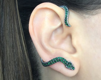 Black & Emerald CZ Snake Ear Cuff, Stainless Steel (single) - Etsy