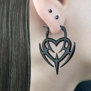 Cyber Heart hoop earrings,Gothic earrings, hoop earrings, gothic jewelry, gold hoops, black earrings gothic hoops, Black hoops ,gift