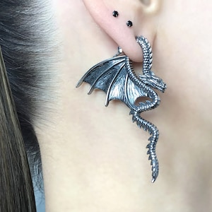 Boucles d&#39;oreilles dragon, boucles d&#39;oreilles devant, boucles d&#39;oreilles en acier inoxydable, bijoux gothiques, veste d&#39;oreille, veste d&#39;oreille de dragon, bijoux de dragon