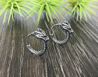 Dragon hoop earrings, hoop earrings, huggie earrings, huggie hoop, gothic jewelry, mens hoops, dragon earrings , snap closure hoops