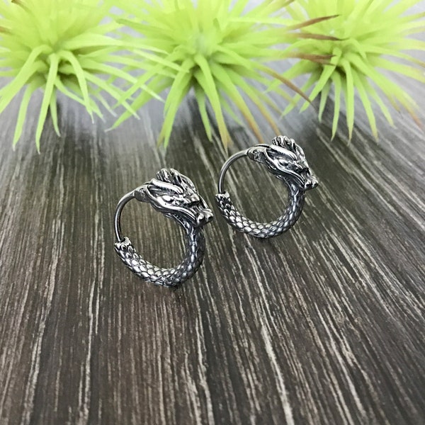 Dragon hoop earrings, hoop earrings, huggie earrings, huggie hoop, gothic jewelry, mens hoops, dragon earrings , snap closure hoops