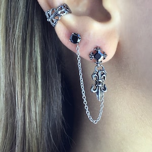 Double piercing earring, Single earring, black stud earring, earring, double stud, fleur-de-lis earring, black earring, gothic earring