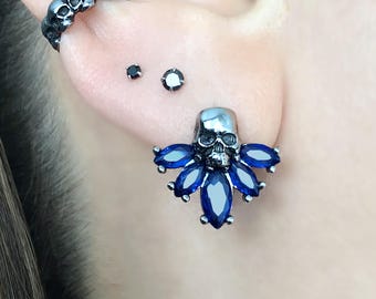 Skull Stud Earrings with Black and Blue CZ, Gothic Jewelry,Goth Stainless steel jewelry
