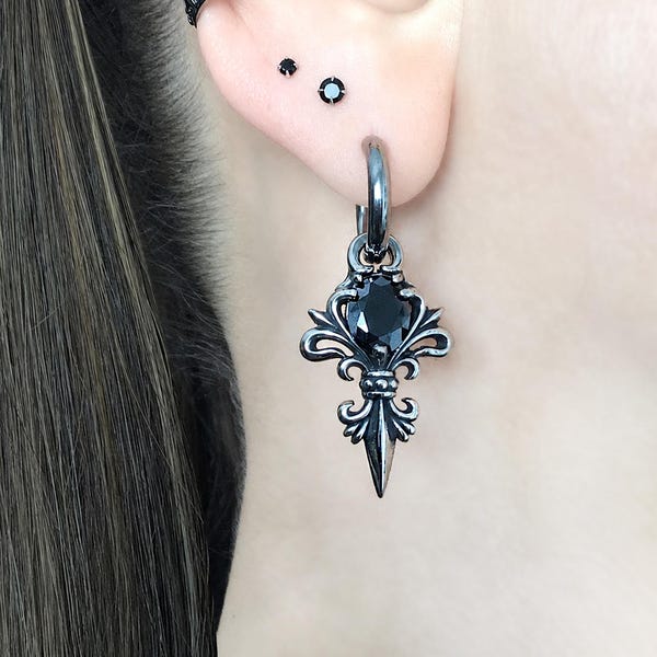 Gothic Fleur De Lis Hoop Earrings , Stainless Steel Earrings with Black & Purple Crystal Unisex Hoops