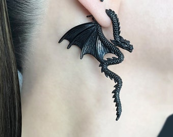 Dragon ear jacket, Front back earrings, stainless steel earrings, gothic jewelry, ear jacket, dragon jewelry, dragon studs, black dragon