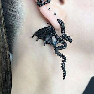 Dragon ear jacket, Front back earrings, stainless steel earrings, gothic jewelry, ear jacket, dragon jewelry, dragon studs, black dragon