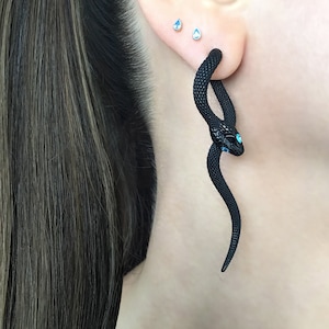 May include: Black snake shaped earrings with blue gemstone eyes. The earrings are worn in the upper earlobe and helix piercing.