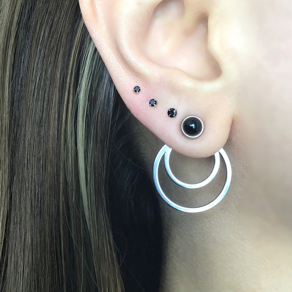 Double Circle Front und Back Ohrringe, Gothic Schmuck, Ear Jacket, geometrische Ohrringe, Kreis Ohrringe schwarze Ohrringe, Doppel Ohrringe
