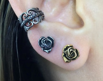 Rose earrings, rose studs, rose flower jewelry, stainless steel earrings, gothic jewelry, gothic earrings, fantasy jewelry, flower earrings