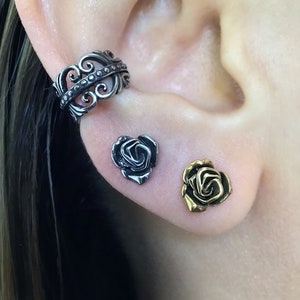 Rose earrings, rose studs, rose flower jewelry, stainless steel earrings, gothic jewelry, gothic earrings, fantasy jewelry, flower earrings