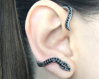 Black & Emerald CZ Snake Ear Cuff, Stainless Steel (Single)