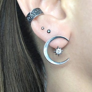 Moon and Star ear jacket, Crescent moon earrings, North star earrings, ear jacket, Moon earrings, Moon ear jacket, front back