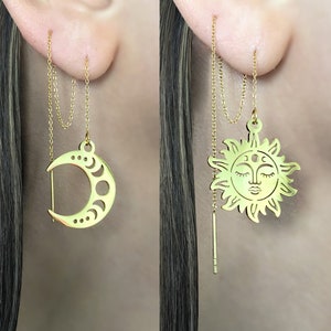 Sun and Moon Threader earrings,Sun earrings, Chain earrings, Moon phase earrings, Moon earrings,Sun Moon  threader earrings, sun with face