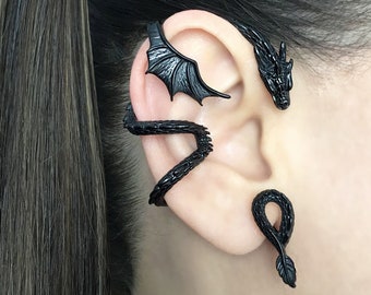 NO PIERCING Dragon cuff  with large wing in Black, Dragon earrings, Dragon ear cuff, Black Dragon, Dragon ear wrap