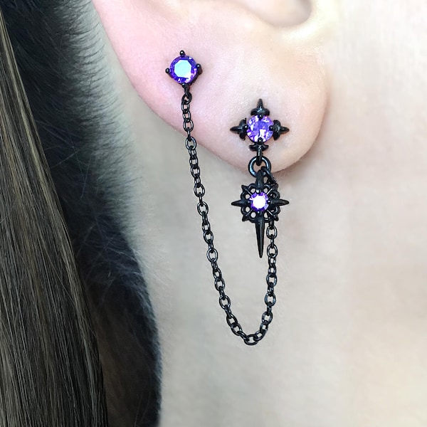 Lila Kristall Doppelpiercing Ketten-Ohrring: Gothic Starburst Edelstahl Ohrstecker