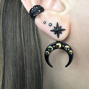 Moon phase earrings, Star and Moon earrings,  Front and back earrings ear jacket, black earrings,Moon ear jacket, Moon earrings, moon phase