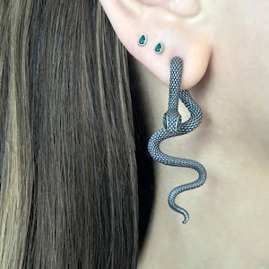 May include: A silver snake earring with green eyes. The snake is curled up and has a textured surface. The earring is worn in the upper lobe of the ear.